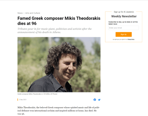 Famed Greek composer Mikis Theodorakis dies at 96 - Arts and Culture _ - www.aljazeera.com
